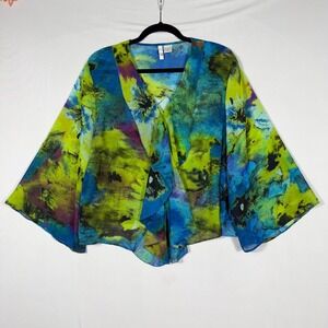 Vtg 90s Y2K Open Front Tunic Top XL Watercolor Abstract Sheer Ruffle Bell Sleeve